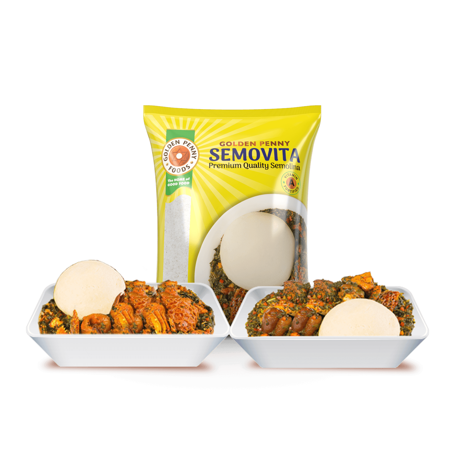 Golden Penny Semovita served with two bowls of Nigerian soup